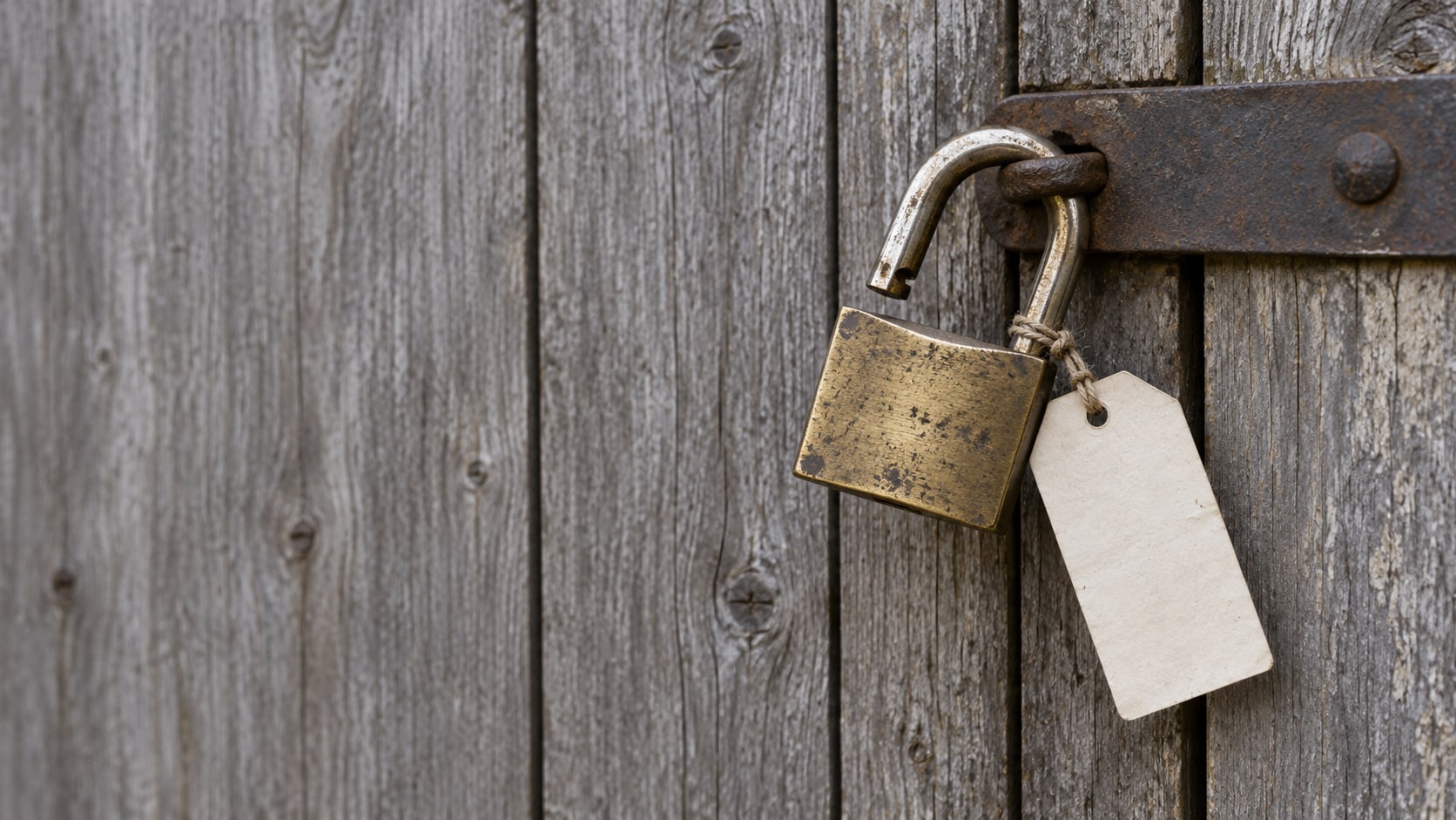 A brass padlock hanging open from the latch of a weathered wooden gate, with a blank paper tag tied to it.