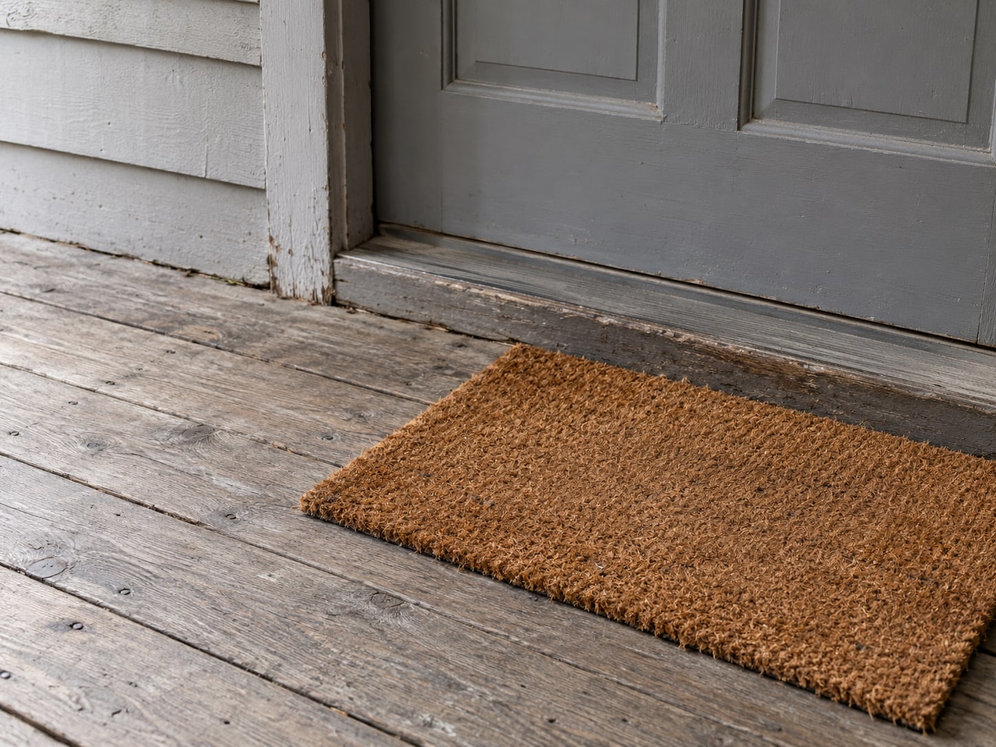 A coir welcome mat on a worn wooden doorstep in front of a closed painted door.
