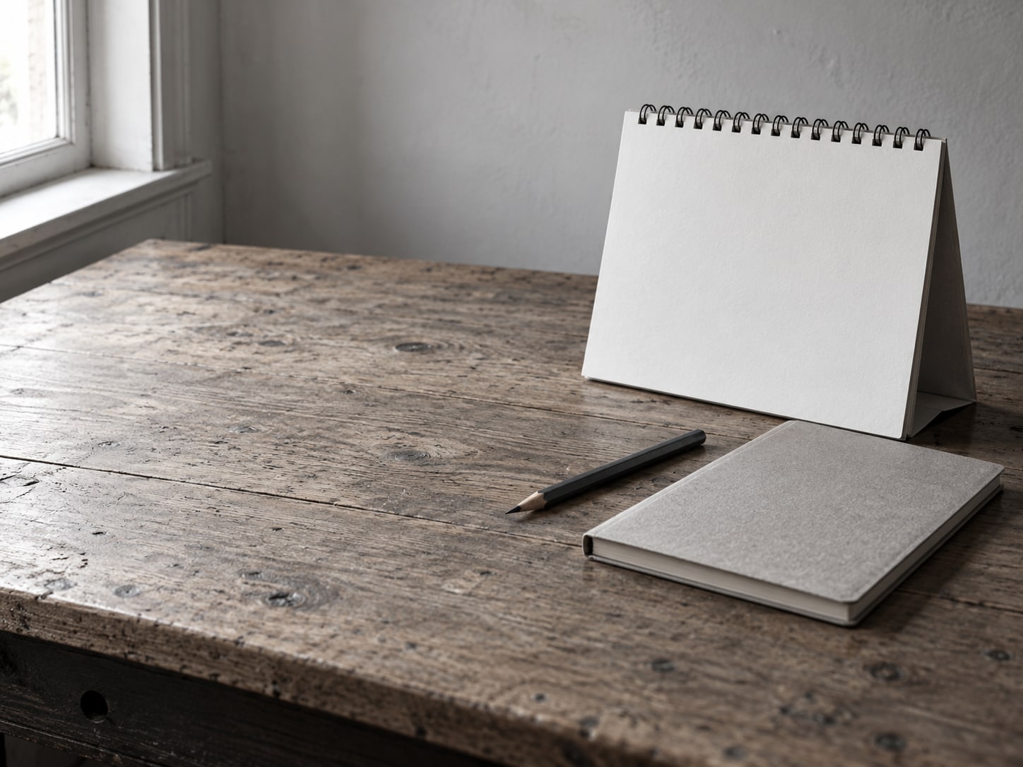 A desk calendar standing beside a notebook and a sharpened pencil on a clean wooden desk.
