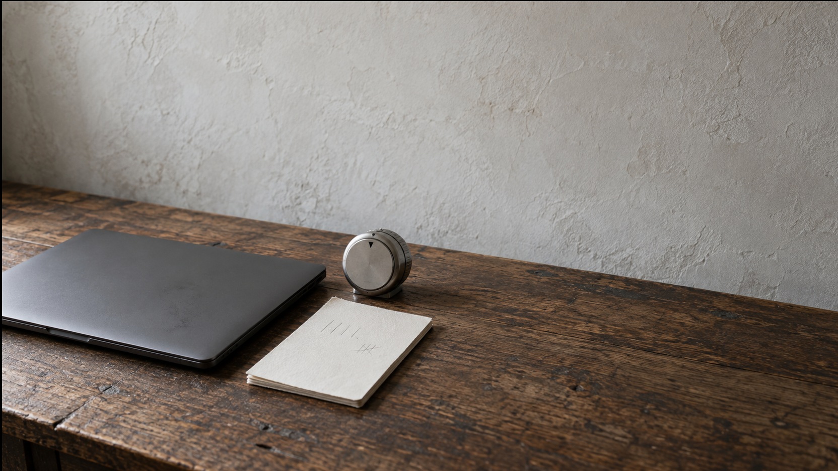 A closed laptop beside a notepad with faint pencil tally marks and a small kitchen timer on a desk.