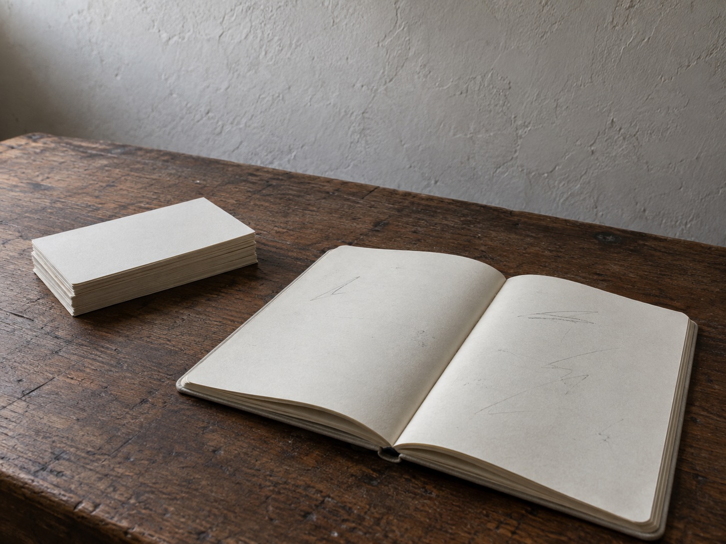 An open appointment book with unreadable pencil marks beside a small stack of blank index cards on a walnut desk.