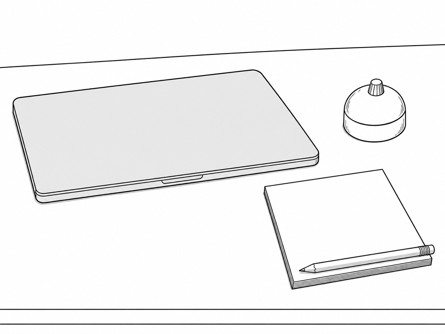 A closed laptop beside a small kitchen timer and a blank notepad with a pencil on a light oak desk.