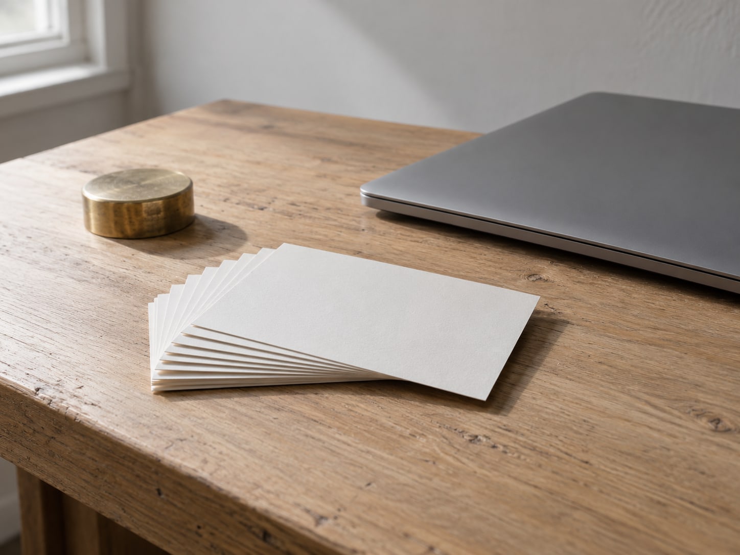 Un abanico de tarjetas de índice en blanco sobre un escritorio de madera, junto a una computadora portátil cerrada y un pequeño pisapapeles de latón.