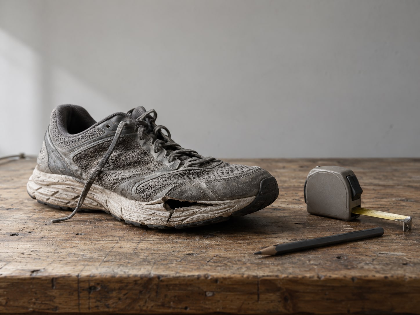 Un zapato deportivo gastado, con la suela partida, sobre una mesa de trabajo junto a una cinta métrica y un lápiz.