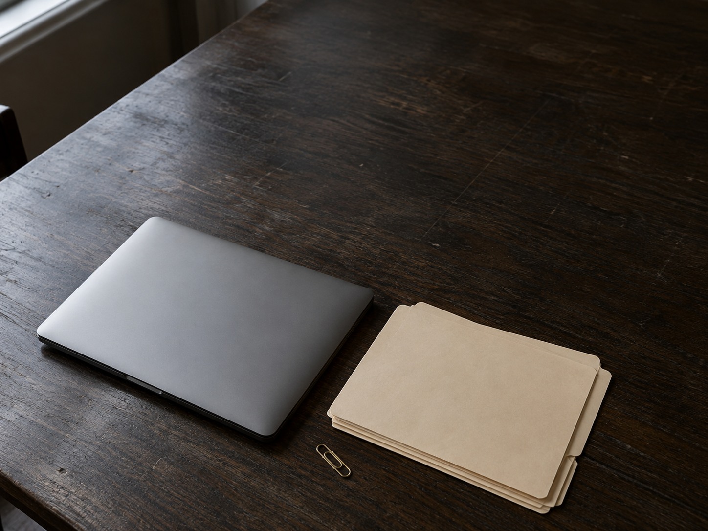 Una laptop cerrada junto a una pila corta de carpetas de manila en blanco y un solo clip de papel de latón sobre un escritorio de madera oscura.