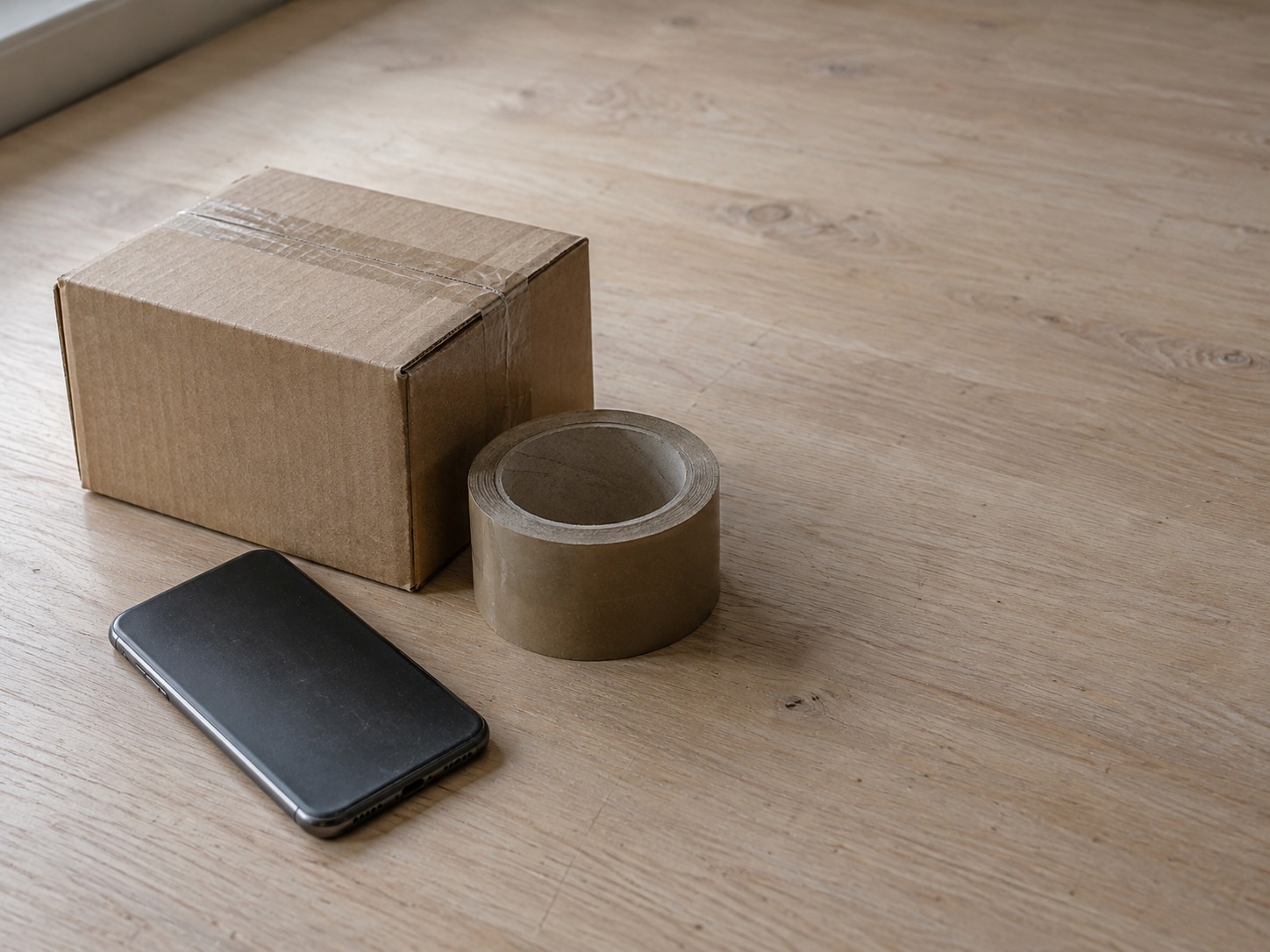 Un teléfono inteligente acostado boca abajo junto a una caja de envío de cartón sellada y un rollo de cinta de empaque sobre un mostrador de madera pálida.