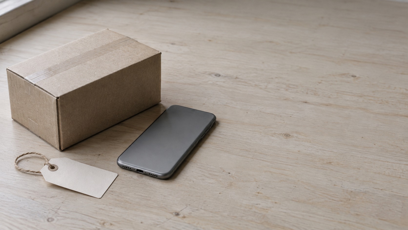 Una pequeña caja de envío, un teléfono boca abajo y una etiqueta de precio en blanco sobre un mostrador de madera limpio.