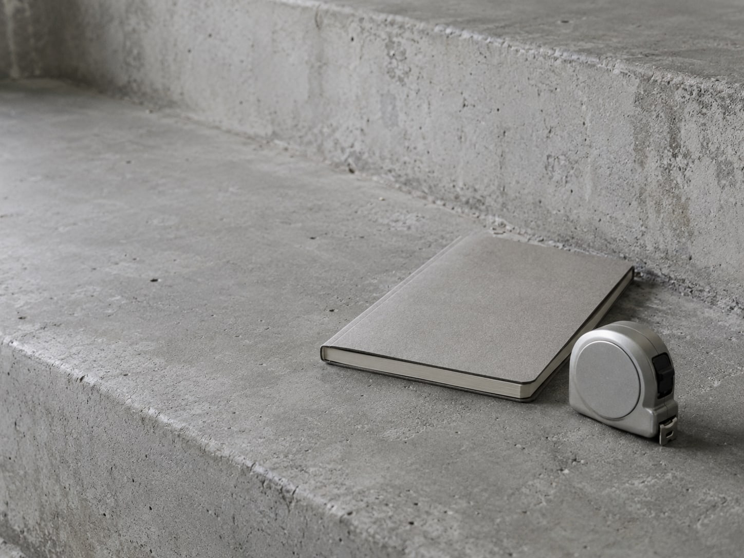 A folding tape measure coiled beside a closed notebook on a concrete step.