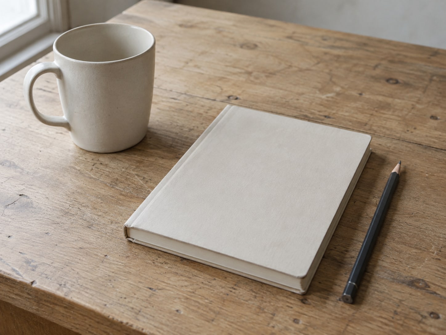 A closed appointment book with a pencil beside it on a clean wooden counter, next to an empty ceramic mug.