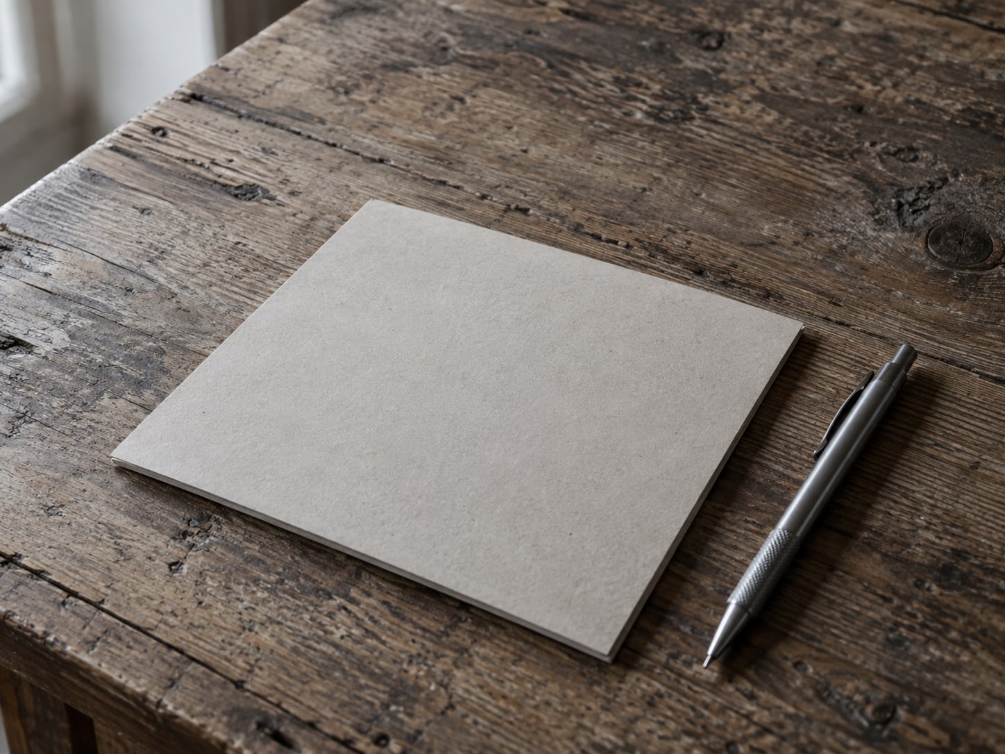 A small desk calendar turned face down beside a plain pen on a worn wooden table.