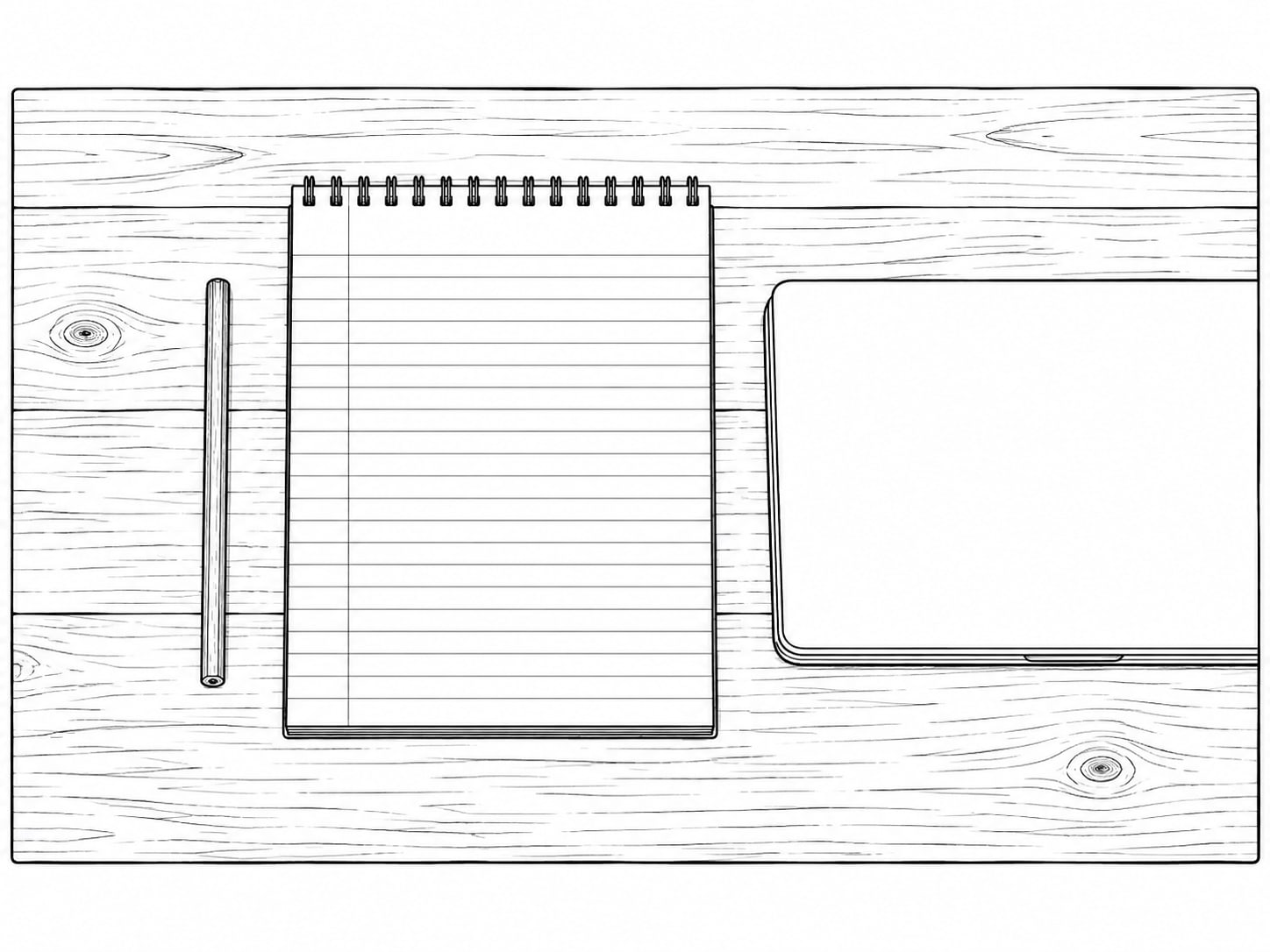 A notepad with blank lined pages beside a pencil and a closed laptop on a clean wooden desk.