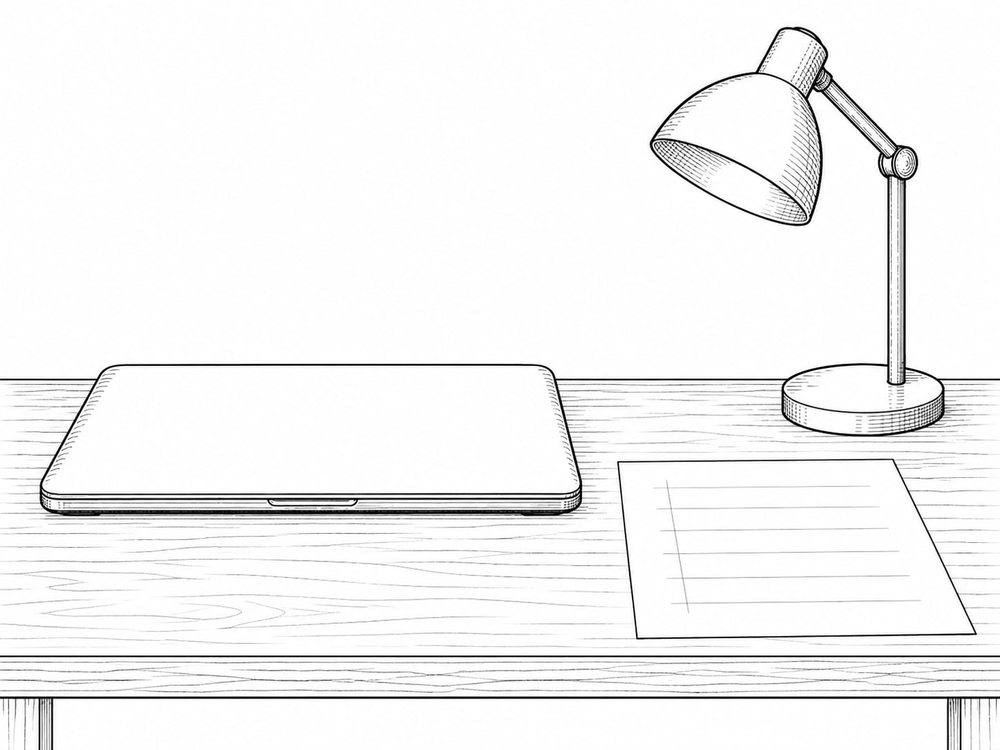 A closed laptop beside a small desk lamp and a blank sheet of paper marked with faint pencil lines.