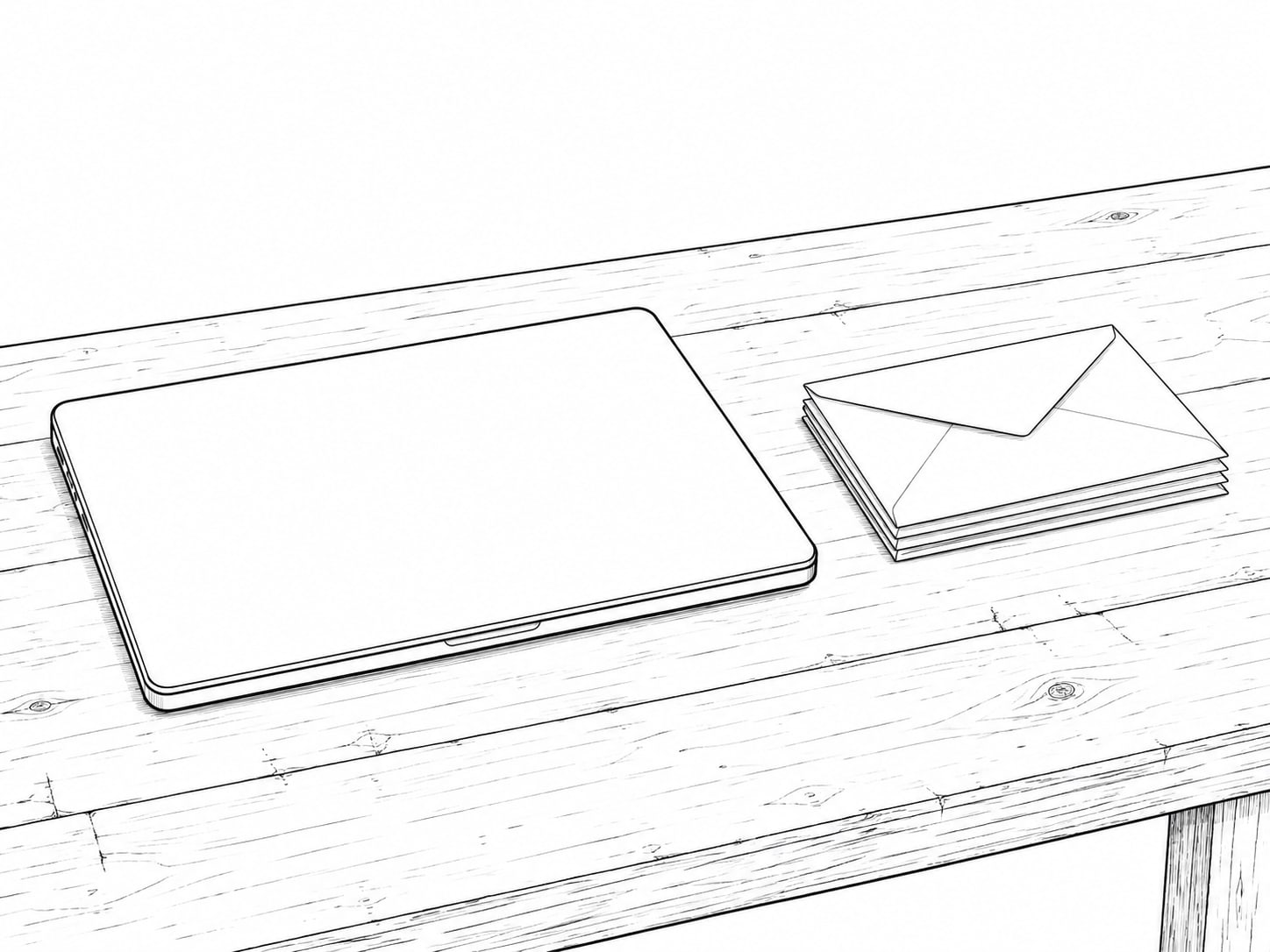 A closed laptop beside a small stack of unopened envelopes on a worn wooden desk.