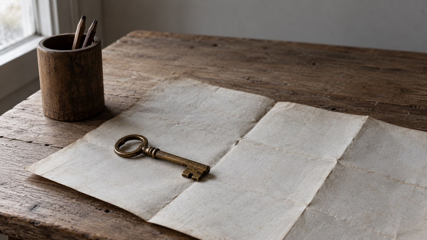A single key lying on a folded paper map beside a small wooden pencil cup on a clean desk.