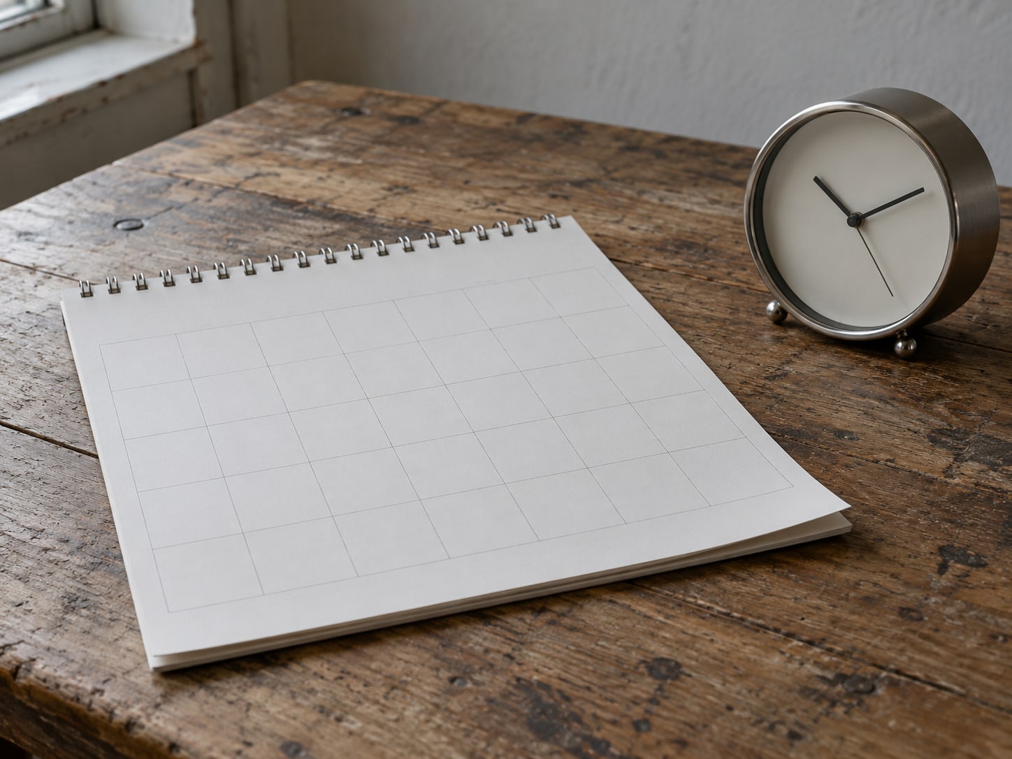 A paper calendar page lying flat on a desk beside a small analog desk clock.