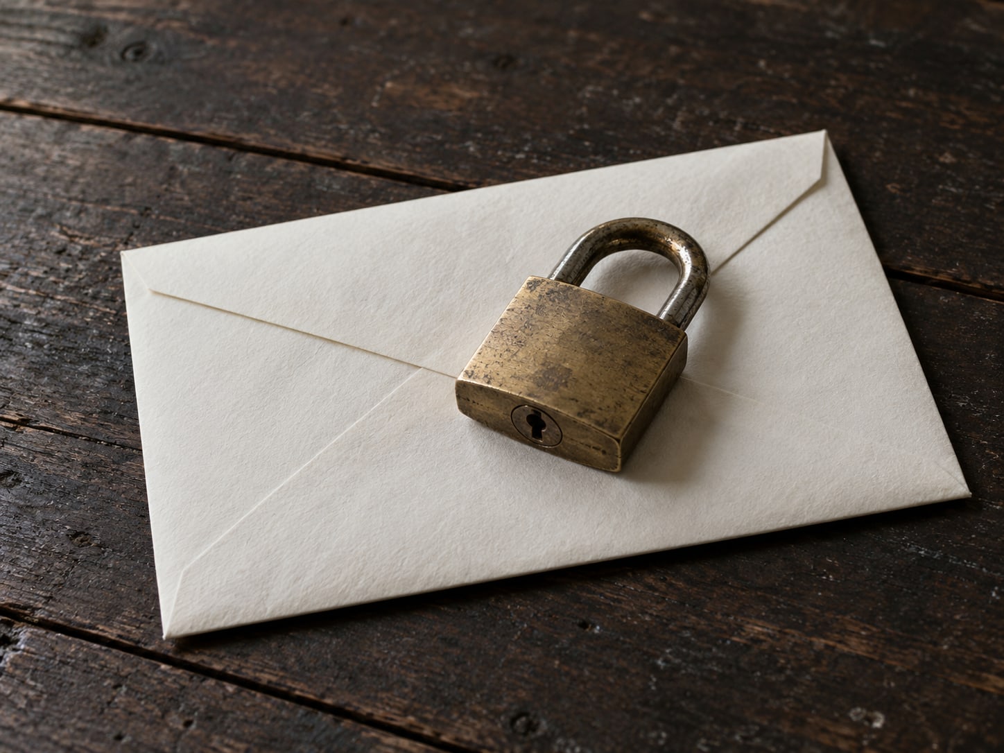 A brass padlock resting on a sealed paper envelope on a dark wooden table.