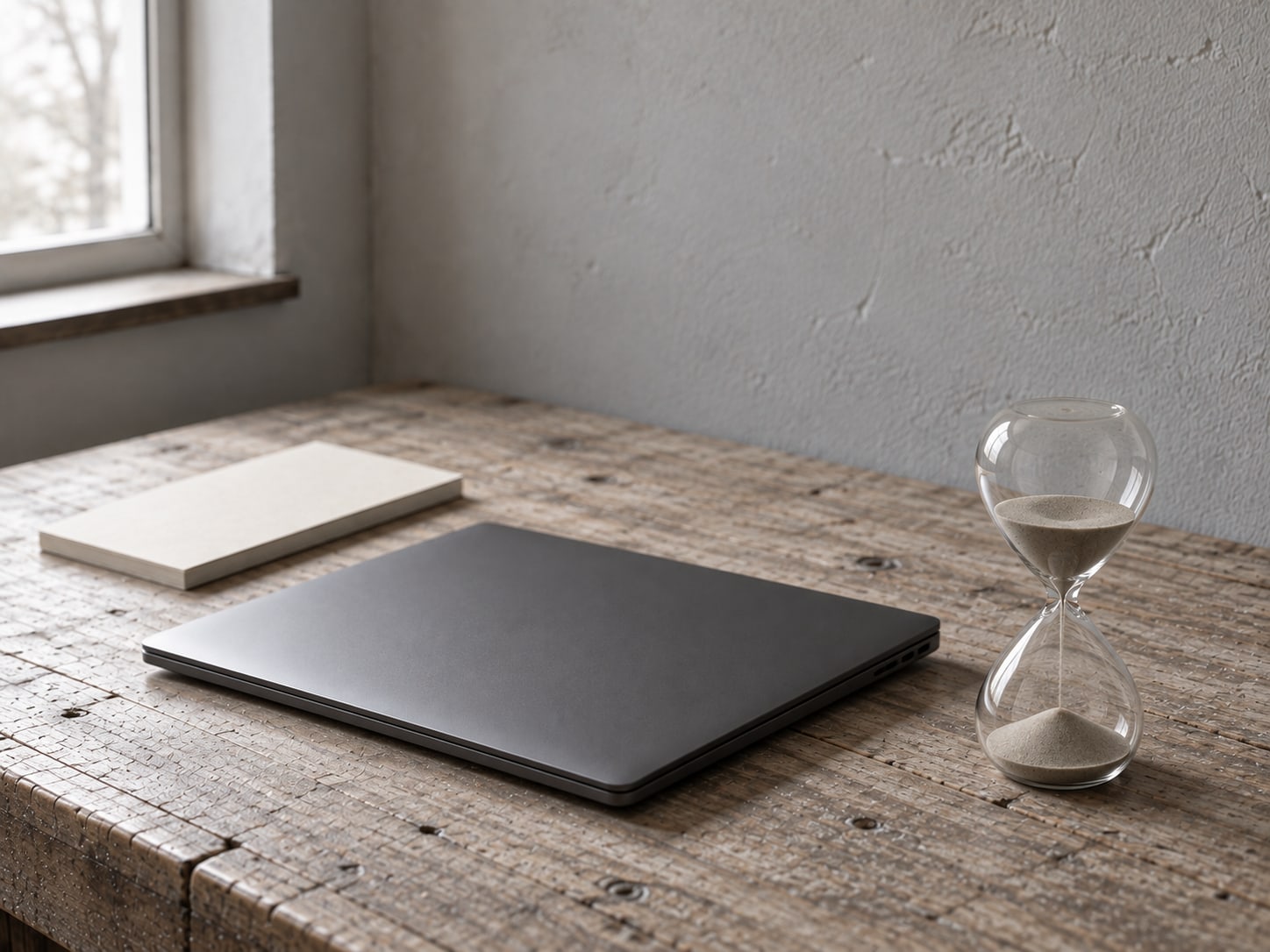 Una laptop cerrada junto a un pequeño reloj de arena de vidrio y un cuaderno en blanco sobre un escritorio de madera pálida.
