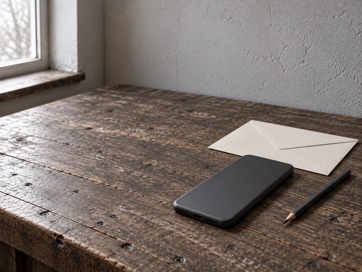 Un teléfono inteligente boca abajo junto a un sobre sellado en blanco y un lápiz sobre una mesa de madera oscura.