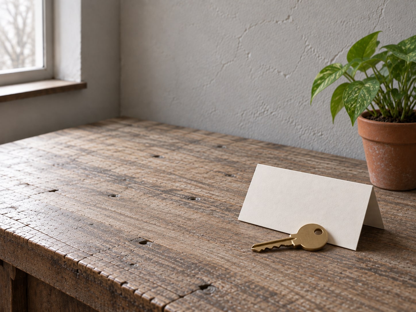 Una sola llave de bronce sobre un letrero de papel en blanco doblado junto a una pequeña planta en maceta sobre el mostrador de madera de una tienda.