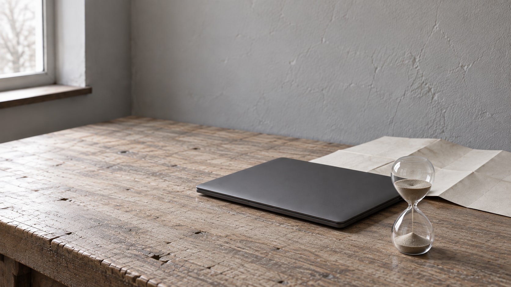A small hourglass beside a closed laptop and a folded paper map on a light oak desk.