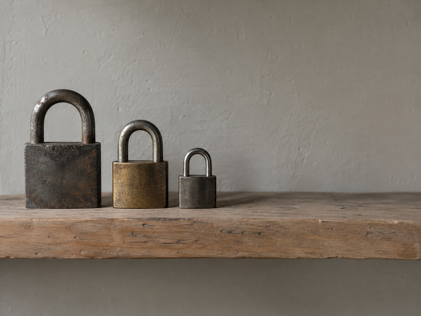 Three closed padlocks of different sizes lined up on a bare shelf, each with its shackle locked.