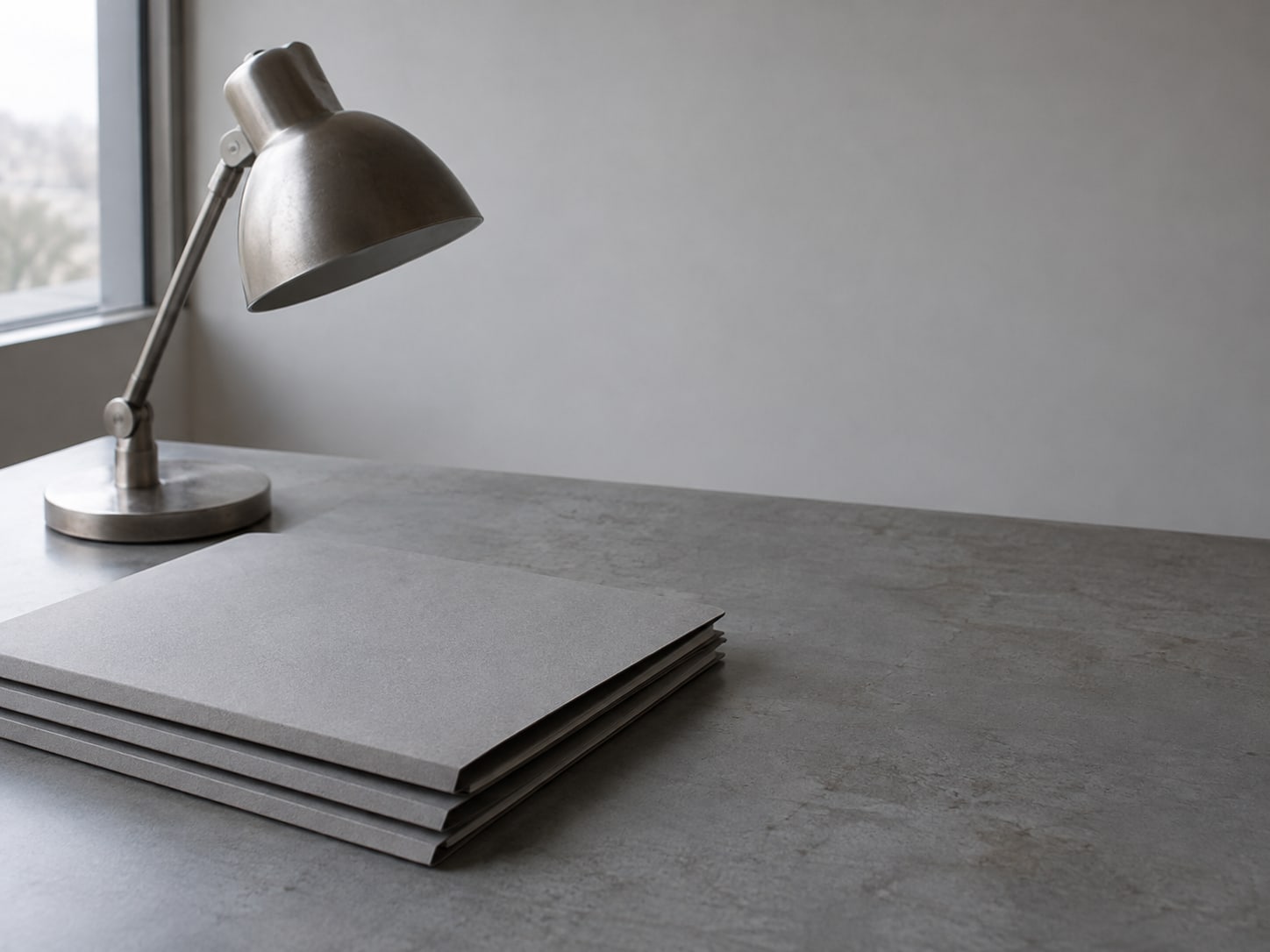 A tidy stack of three blank folders on a gray table beside a small desk lamp that is switched off.