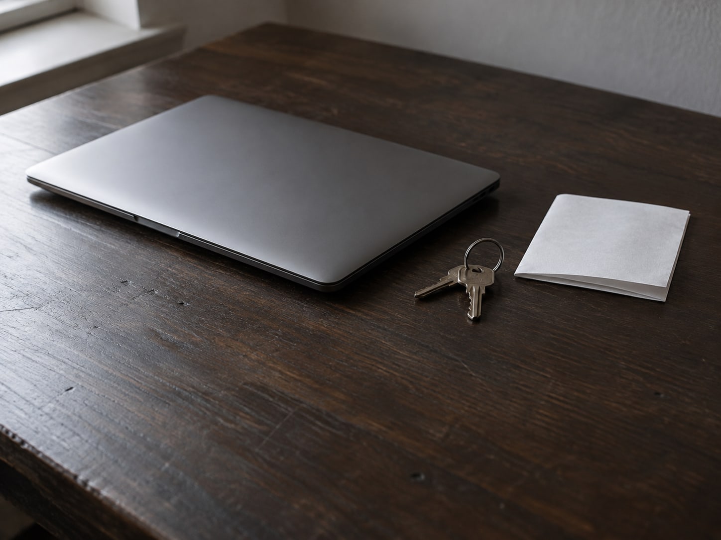 A closed laptop resting beside a small key ring and a folded sheet of blank paper on a dark wooden desk.