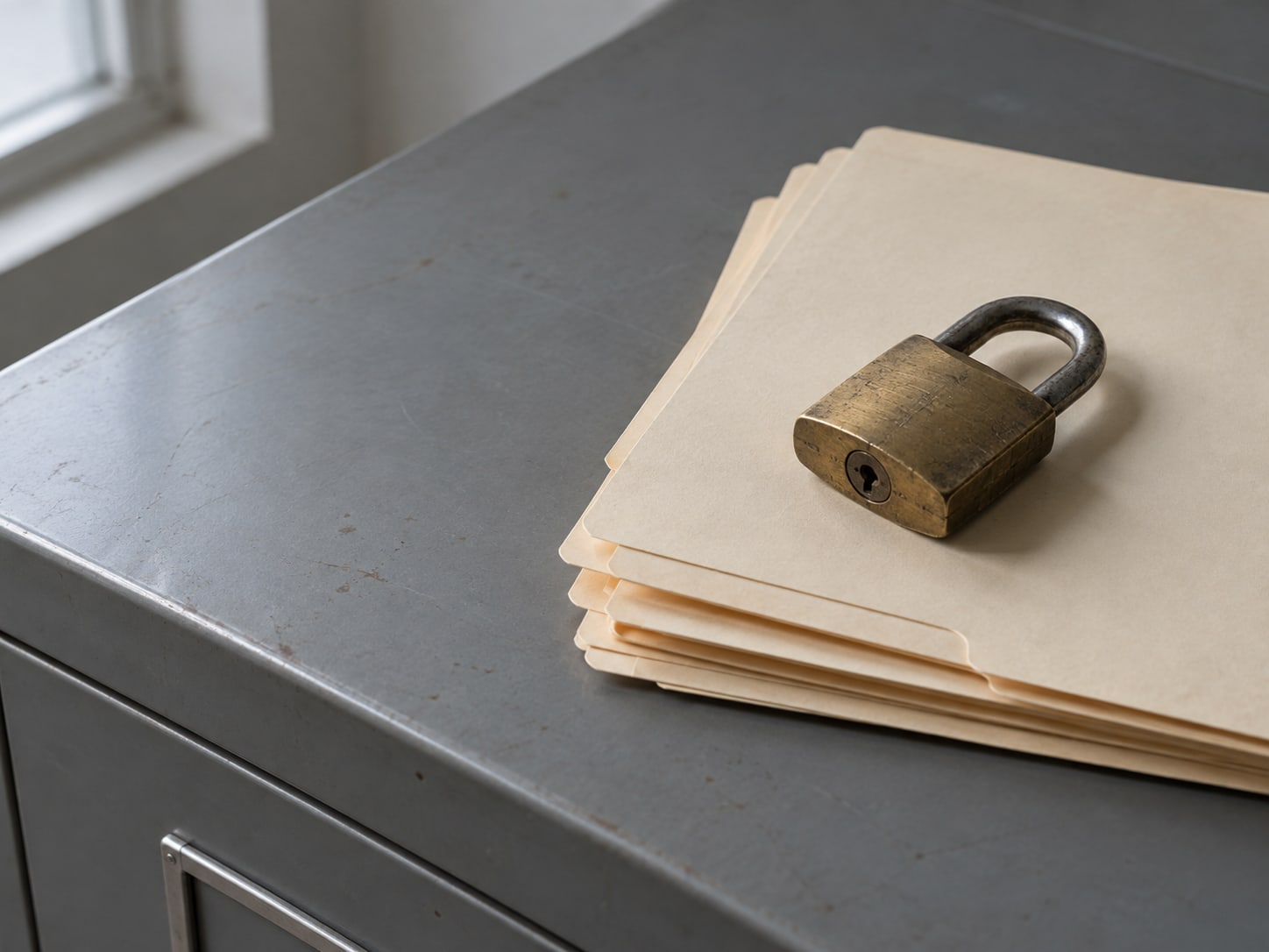 A padlock resting on a stack of plain manila folders on a gray metal filing cabinet.