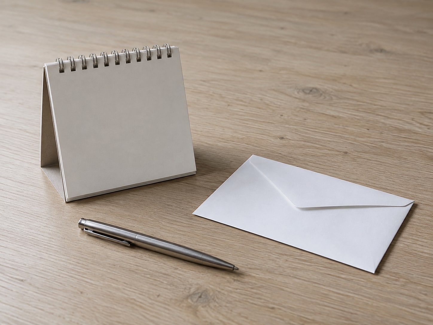 A small desk calendar with blank pages beside a sealed envelope and a pen on a light oak table.