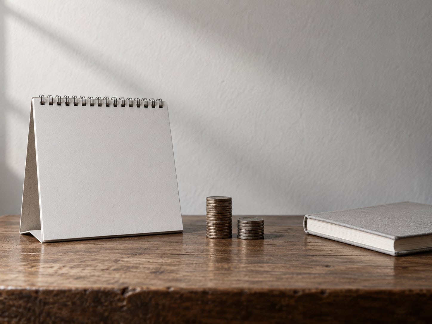 Un calendario de papel con dos pequeñas pilas de monedas sobre el escritorio, una alta y una baja, junto a un cuaderno cerrado.