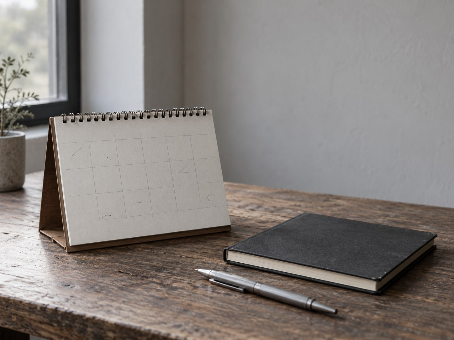 Un calendario de escritorio de madera abierto en una semana con pequeñas marcas de lápiz en blanco junto a un cuaderno cerrado y una pluma.