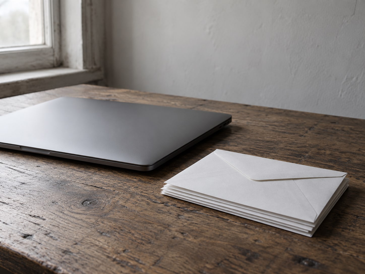 Una laptop cerrada junto a una pequeña pila de sobres sin abrir sobre un escritorio de madera gastado.