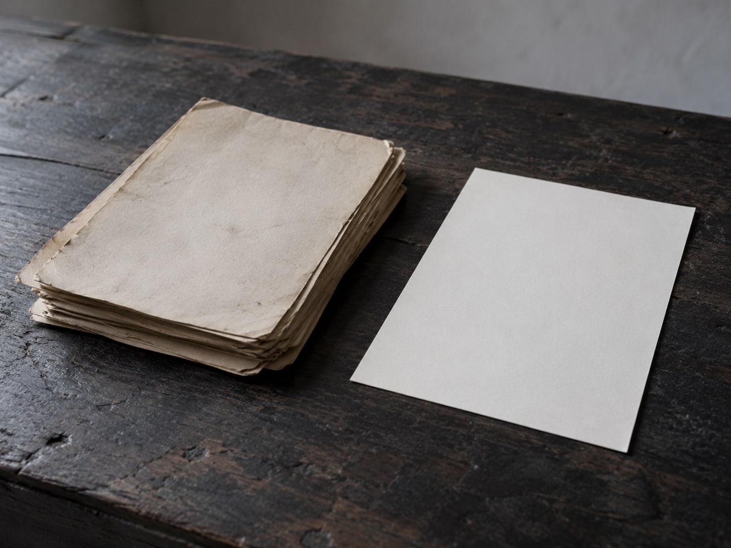 A stack of faded paper menus beside one crisp new menu on a dark wooden bench