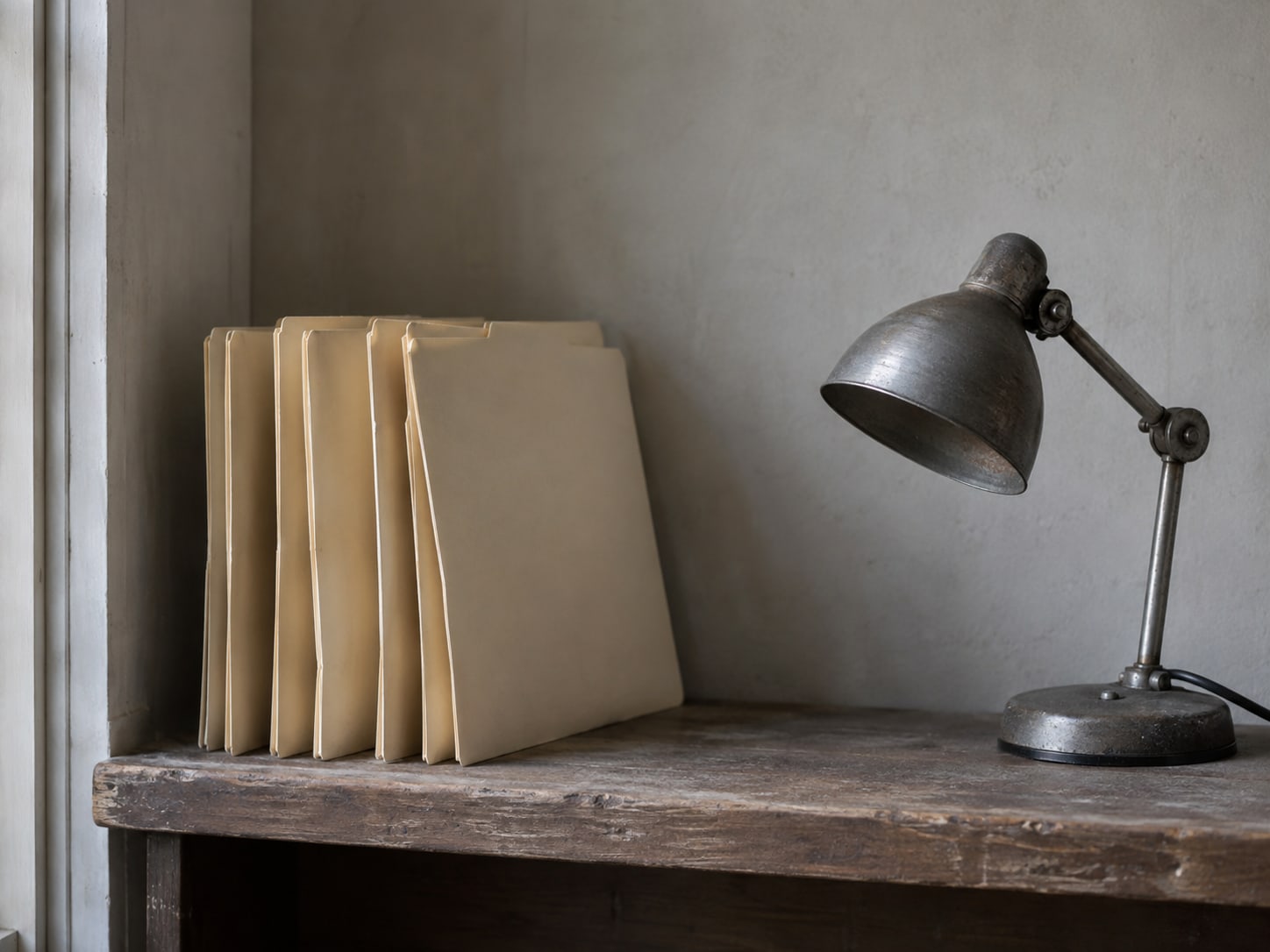 A row of closed manila folders on a shelf beside a small desk lamp that is switched off.