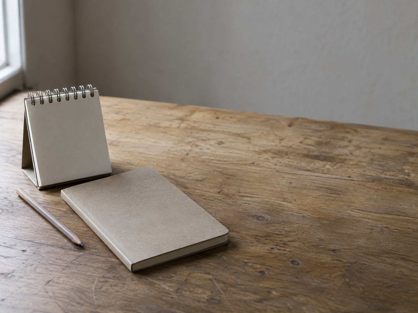 A closed notebook, a pencil and a blank paper desk calendar on a wooden desk.