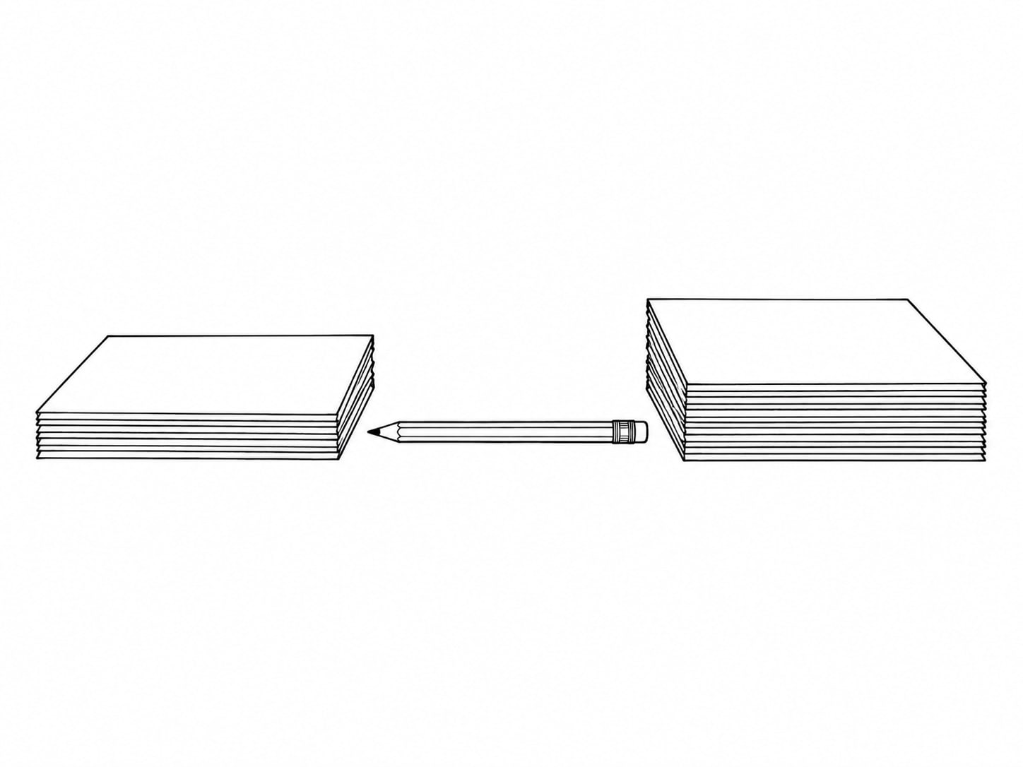 Two small stacks of plain paper side by side on a desk, one slightly taller, with a pencil resting between them.