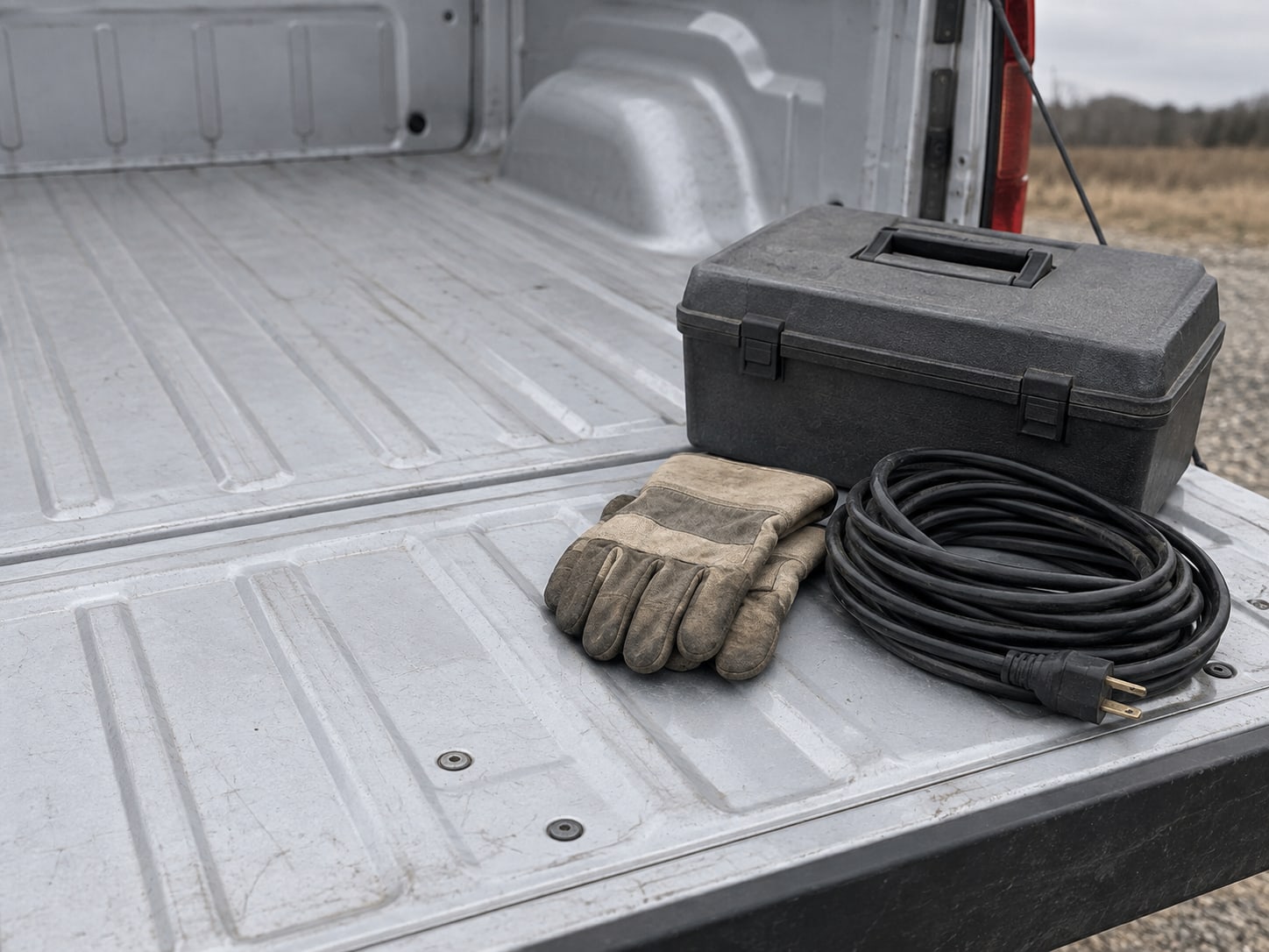A pair of work gloves folded on a clean tailgate beside a coiled extension cord and a toolbox with its lid closed.