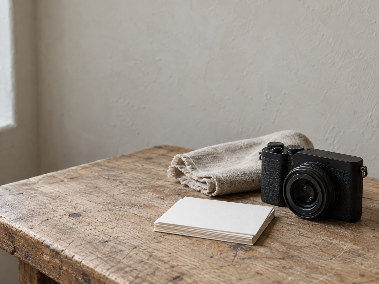 A compact camera and a folded linen cloth resting on a wooden workbench beside a small stack of blank index cards.