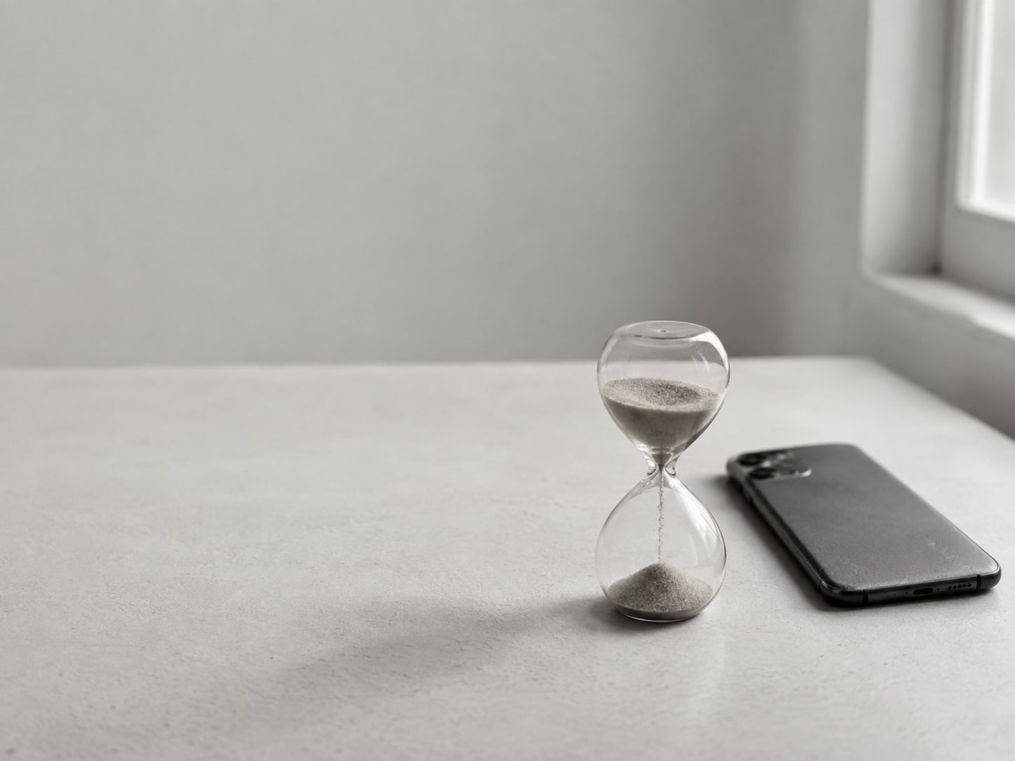 Un pequeño reloj de arena con arena cayendo, colocado junto a un teléfono boca abajo sobre un escritorio limpio.