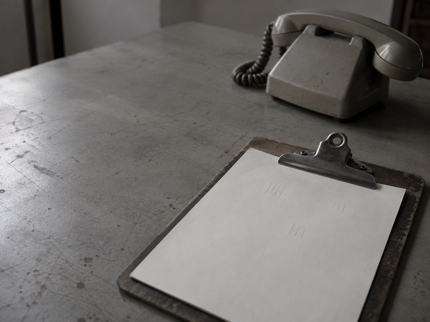 Un portapapeles con una hoja de papel con marcas de conteo a lápiz tenues e ilegibles junto a un teléfono de escritorio antiguo.