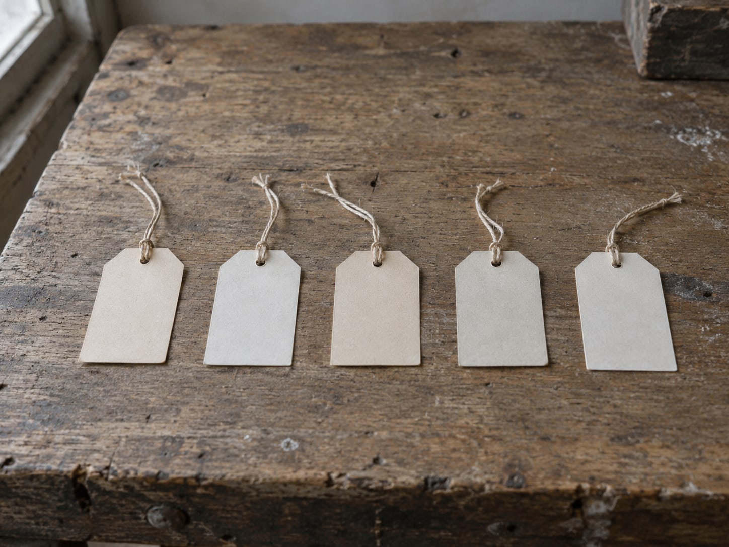 Several small paper tags in a row on a worn workbench, each tied with plain string.