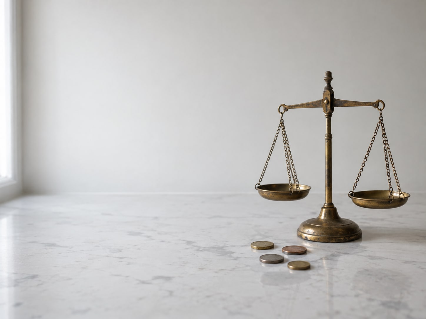A small brass scale and a few loose coins on a clean white countertop.