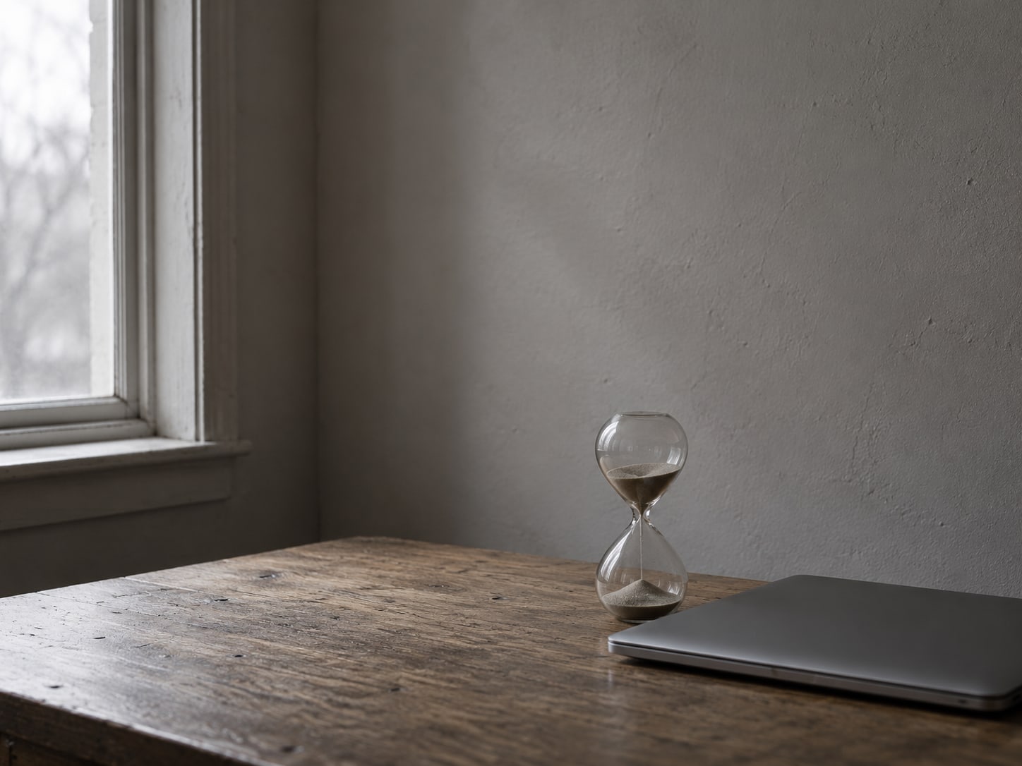 A sand timer standing on a bare wooden desk beside a closed laptop.