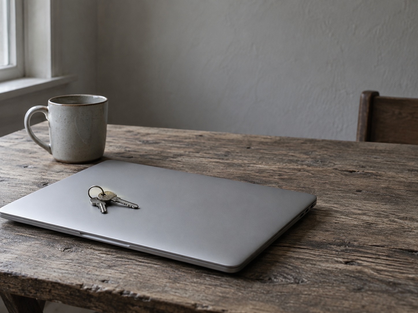 A closed laptop with a ring of keys resting on its lid beside a mug on a wooden table.