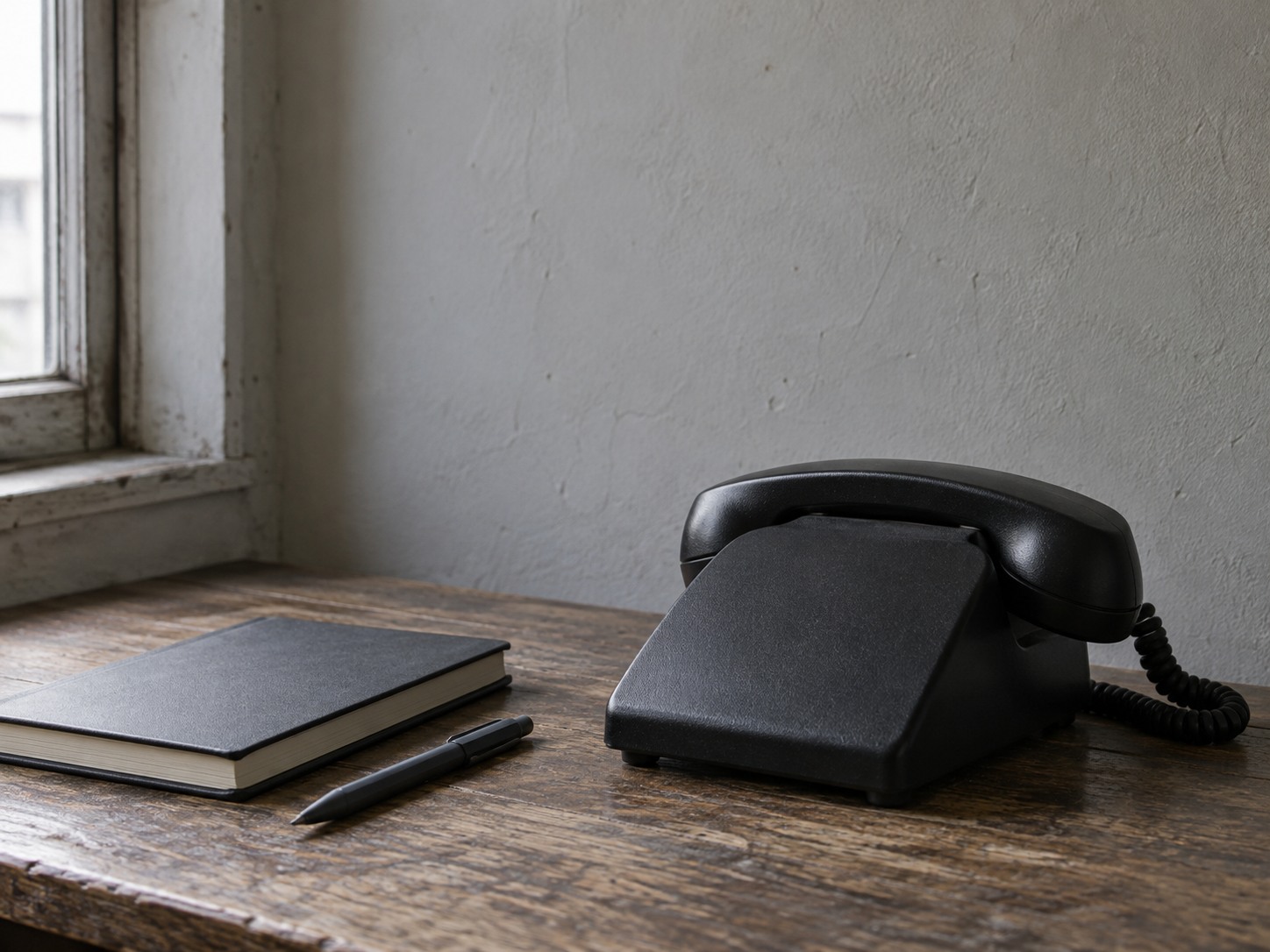 A desk phone with its handset resting in the cradle beside a closed notebook and a pen on a wooden counter.