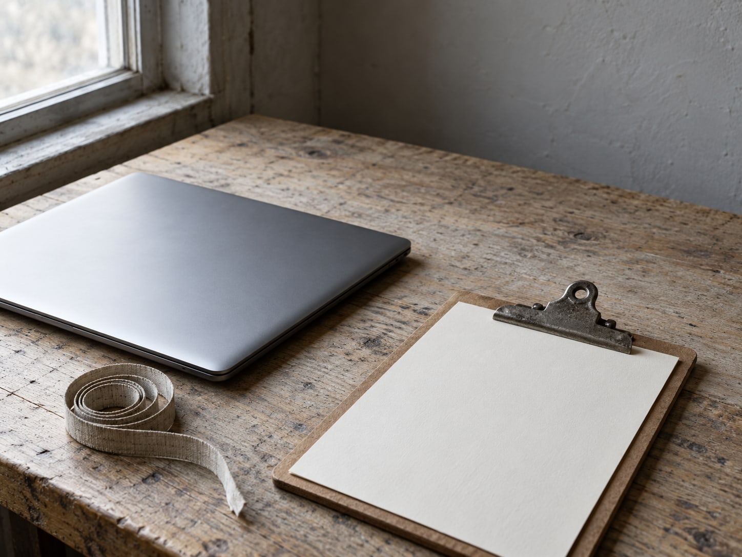A closed laptop beside a coiled tape measure and a clipboard holding blank paper on a workshop bench.