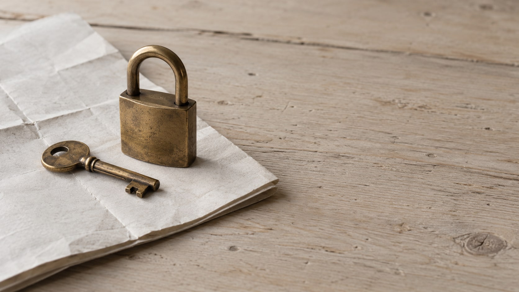 A small brass key resting on a folded paper map beside a closed padlock on a pale wooden table.