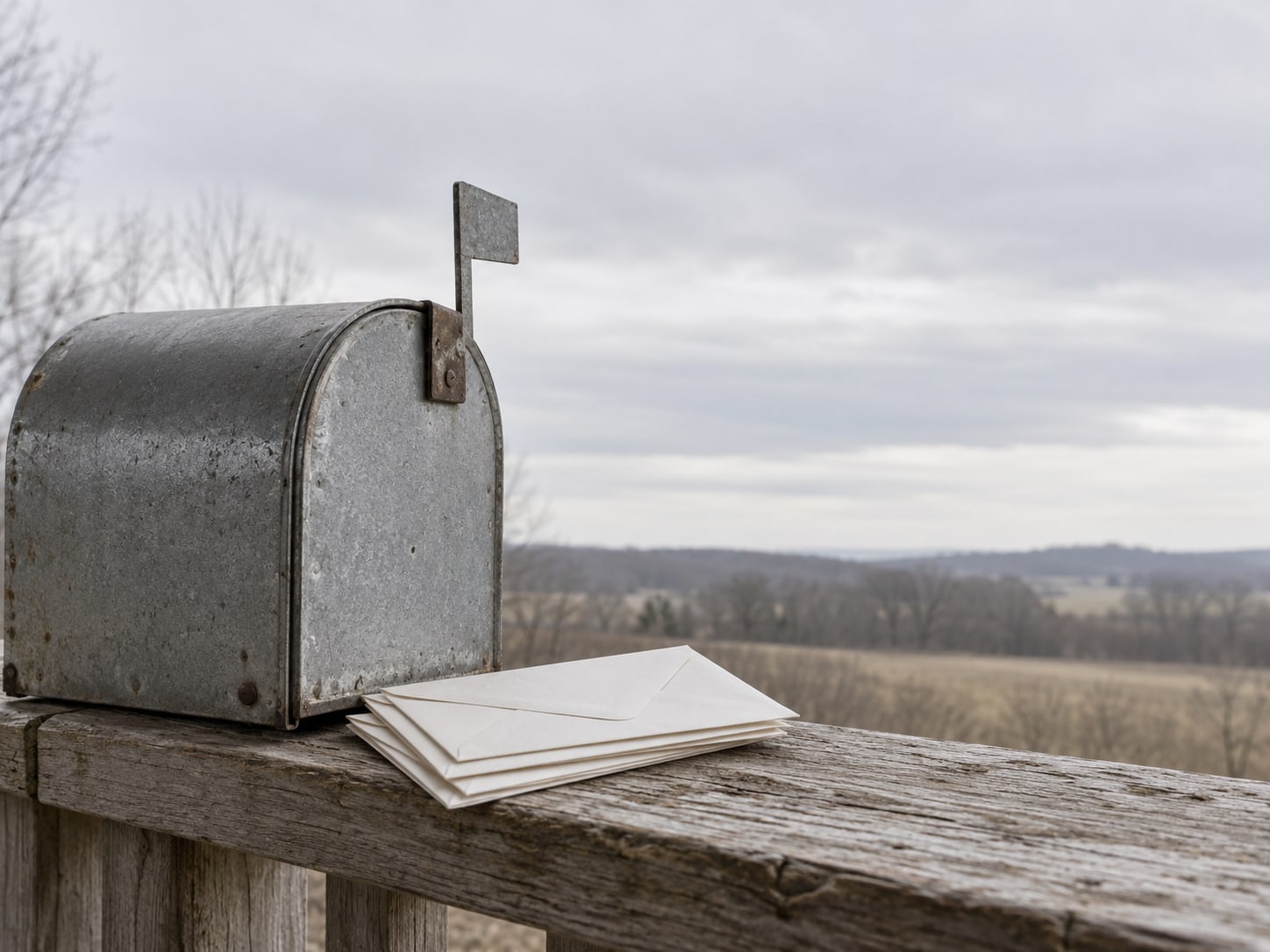 A mailbox with its small flag raised, standing beside a stack of unopened envelopes on a wooden porch rail.