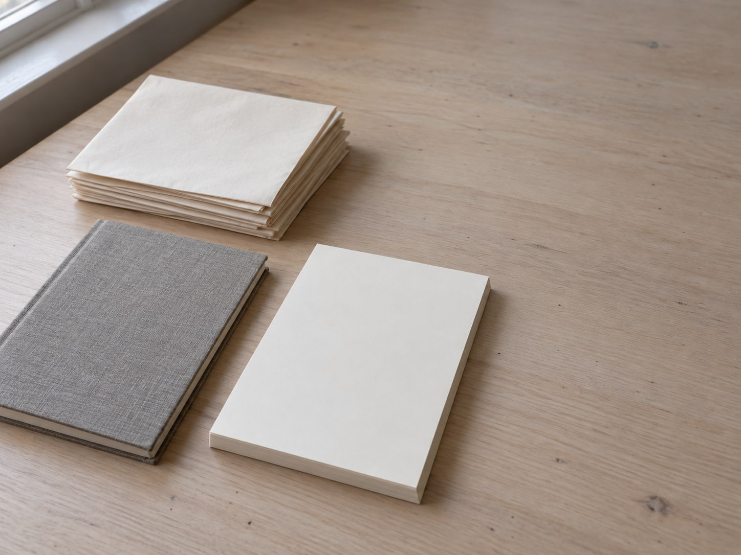 A small stack of folded business permits and a blank invoice pad squared up beside a closed notebook on a clean desk.