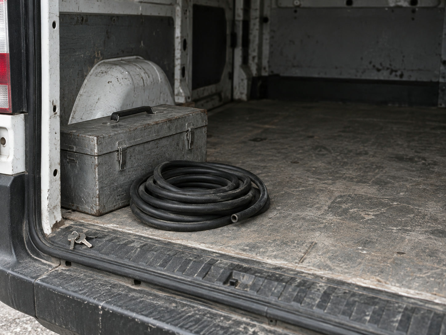 A closed toolbox and a coiled length of hose on the floor of an open van, with a set of keys on the rear bumper.